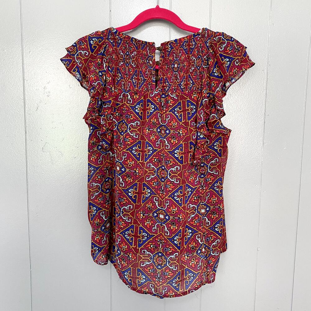 Anthropologie Meadow Rue Red Print Majolica Flutter Sleeve Smocked Boho Top 6 - Picture 8 of 9